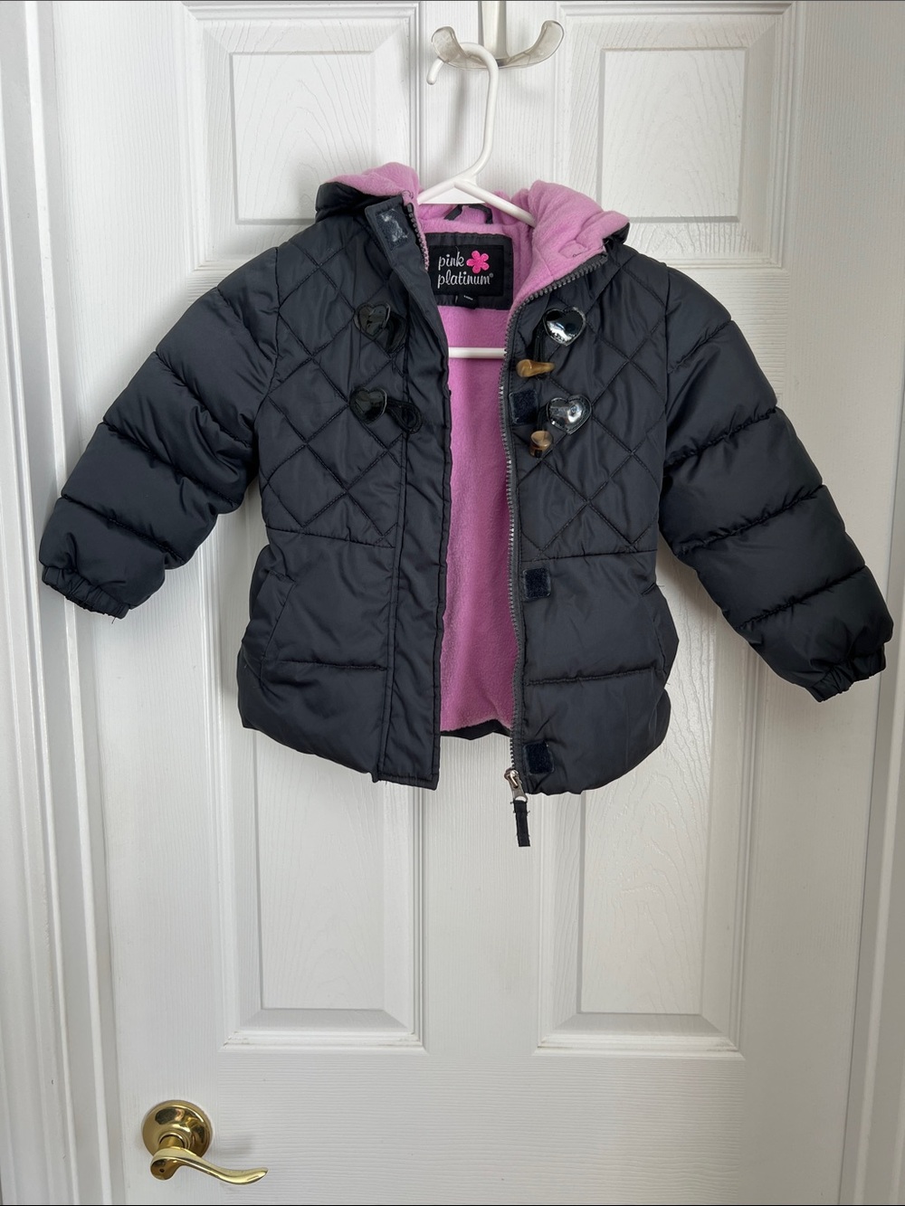 Pink Platinum Black Puffer Jacket with Pink Lining - Kids